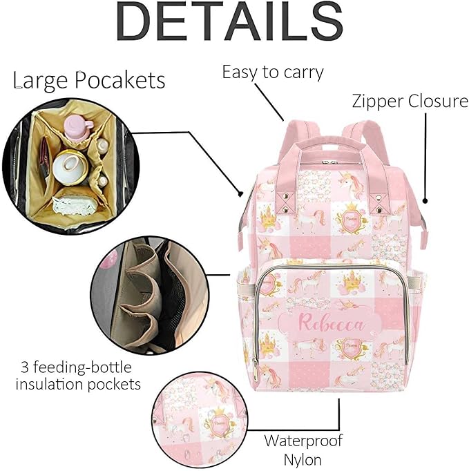 Personalized Unicorn Diaper Bag with Name – Custom Baby Bag, Nursing Tote Backpack for Mom, Custom Name Mommy Daypack, Shower Gift for Baby
