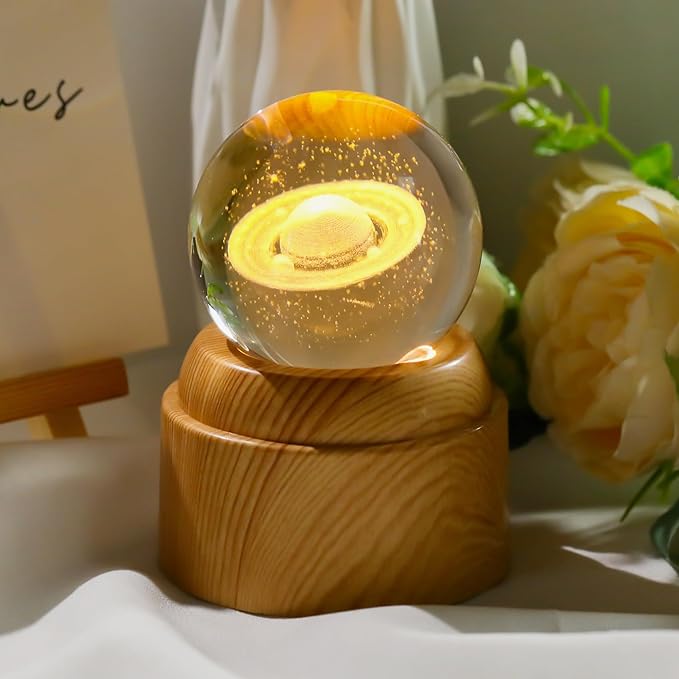 3D Saturn Crystal Ball 2.36“ Engraved with Rotated Wood Bases, Crystal Sphere Saturn Lamp Astronomy Gifts Physics Science Decor Space Gifts for Women Men