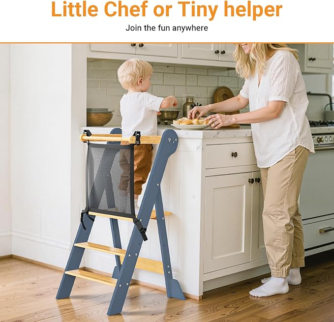 COSYLAND Foldable Toddler Kitchen Stool Helper - Height Adjustable Standing Tower for Bathroom Sink or Kitchen Counter - Step Stool for Toddlers Ages 18 Months to 6 Years Gray & Natural