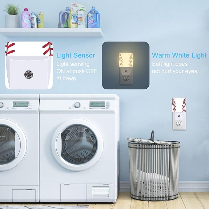 Baseball Plug in Night Light with Auto Dusk to Dawn Sensor,Warm Night Lights for Boys Girls Bedroom Bathroom Hallway Kids Room Gifts