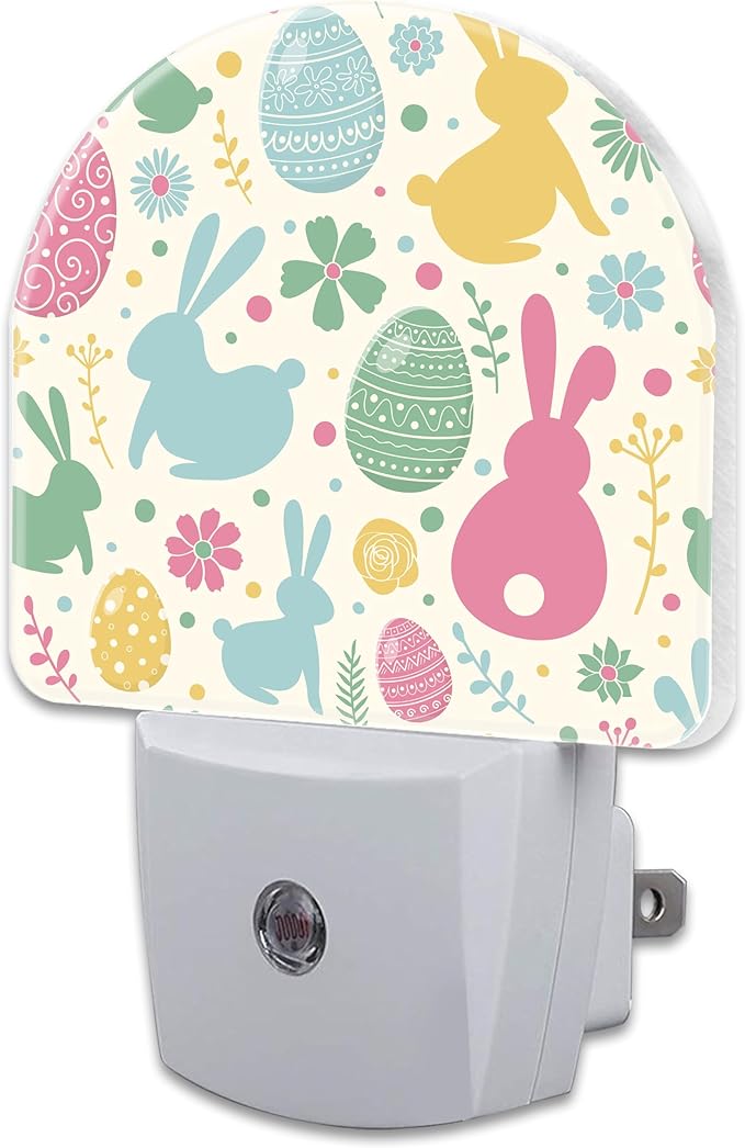 Easter Bunnies and Eggs Night Light, Colorful Rabbits and Flowers Dusk to Dawn Night Light Plug in,0.5w Energy Saving Sleep Friendly NightLight for Kids Boys Girls Home Decor
