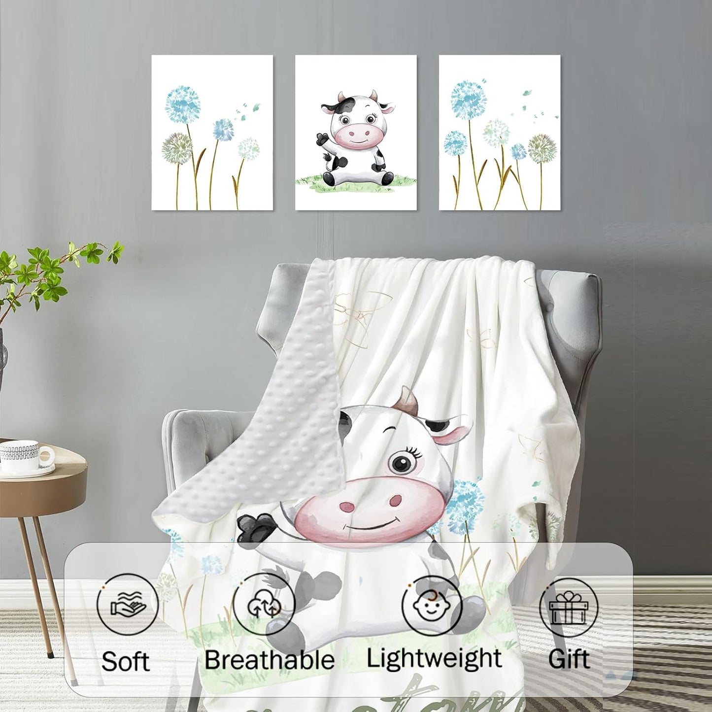 Personalized Baby Crib Bedding Set, 5-Piece Cows Design Baby Crib Sets with Custom Name, Toddler Double Layer Blanket Fitted Sheets Changing Pad Cover Rug Wall Art Set, Charming Nursery Decor