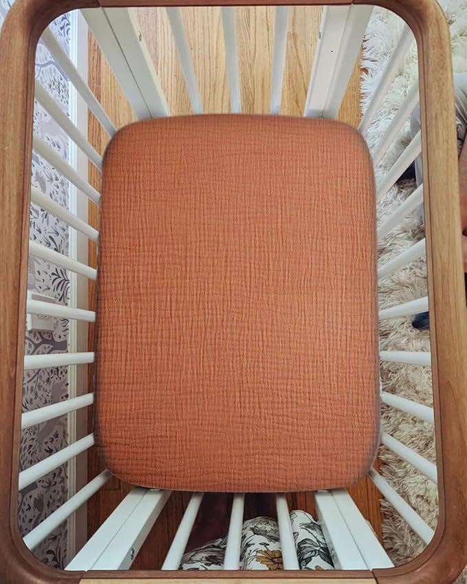 Pack and Play Sheets for Baby Boys and Girls 39"x27"x3", Neutral Muslin Cotton Pack N Play Mattresses Sheet with Boho Style, Soft and Breathable Comfort (Brick)