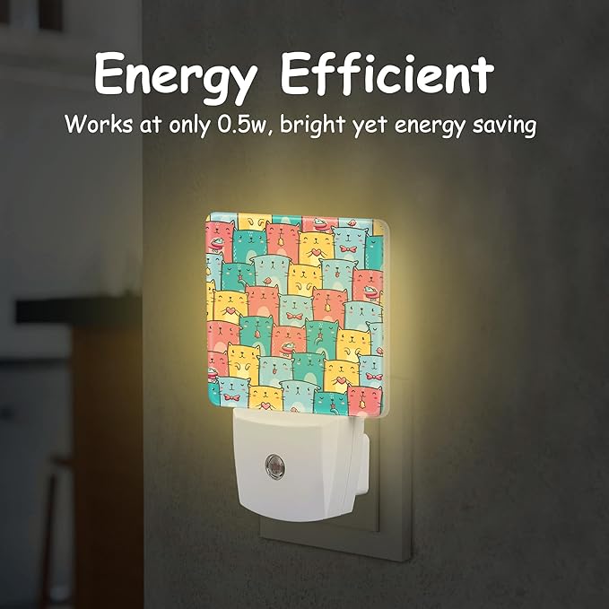 Cute Colorful Cats Night Light Plug into Wall with Dusk to Dawn Sensor Energy Efficient LED Nightlight for Women Girls Boys Room Decor,Hallway,Kitchen,Bathroom,Nursery,Stairs
