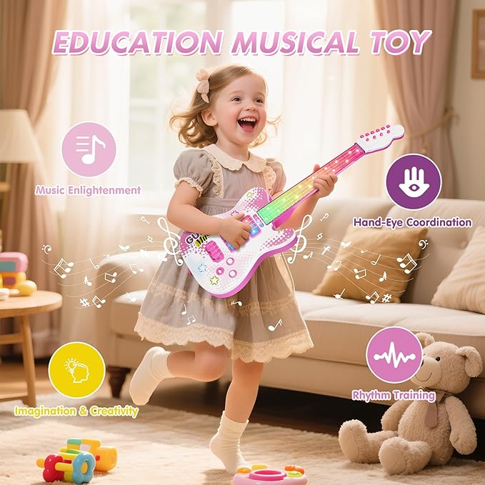 Kids Pink Guitar Toy for 3 Year Old Girls Birthday Gift Toddler Toy Ages 2-4 Electric Guitars with 4 Strings Light Up Music Toys for 3 4 5 Year Old Boys Girls Gifts