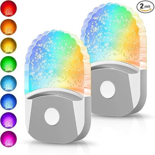 DORESshop 8-Color RGB LED Night Lights Plug Into Wall [2 Pack], Color Changing RGB LED Night Light with Dusk to Dawn Sensor for Bathroom Decor, Chrome Cover