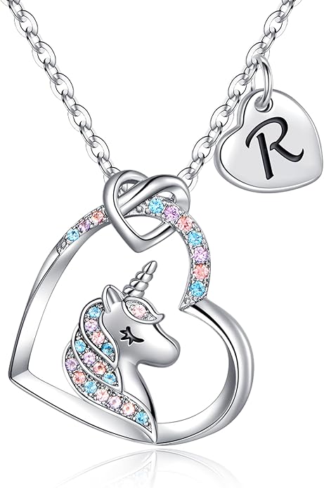 Hidepoo Unicorn Necklace Gifts for Girls - Colorful CZ Heart Pendant Initial Unicorns Necklaces for Teens Little Girls Jewelry Birthday Gift for Girl Daughter Granddaughter Niece