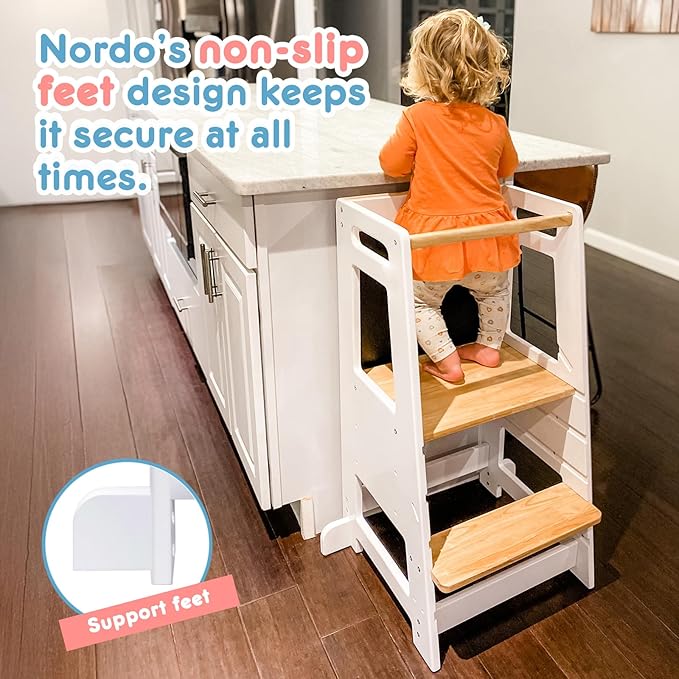 Toddler Kitchen Stools Helper with Adjustable Height and Anti-Slip Protection, Kids Standing Tower with Safety Rail, Kids Montessori Stool with Learning Chalkboard, White