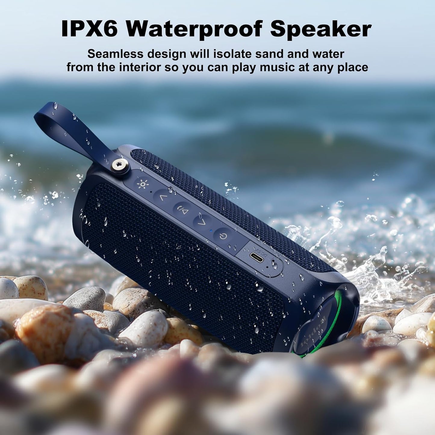 Bobtot Portable Bluetooth Speaker, IPX6 Waterproof Speaker with Punchy Bass, 15W Loud Sound, RGB, 15H Playtime, Dual Pairing for Party, Camping, Beach, Blue