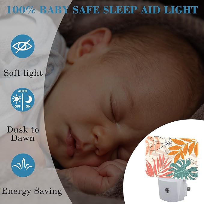 Abstract Art Plant Night Light Plug into Wall, Leaves Lines Night Light with Dusk to Dawn Sensor for Kid Girls Boys Women Men Bedroom, Hallway, Kitchen, Bathroom, Stairs Decor