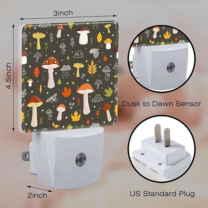 Colorful Forest Mushrooms Night Light Plug into Wall, Botanical Plants Leaves Dusk to Dawn Night Light, 0.5w Energy Saving Sleep Friendly Nightlights for Kids Boys Girls Home