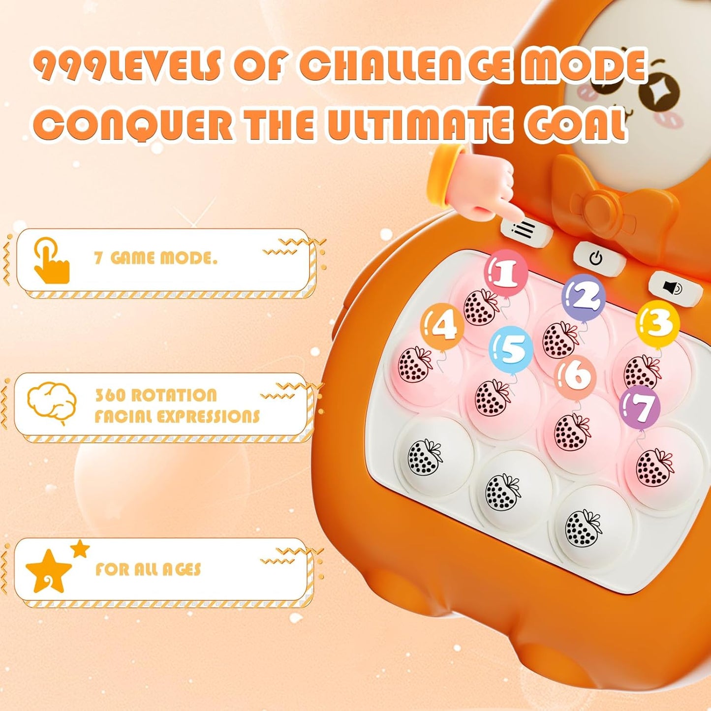 Fast Push Game, Light Up Pop Game Console, Handheld Game for Kids Age 6-12, Fast Push Bubble Game, Fidget Toys for Kids, Stress Relief Game for Kids and Adults, Birthday Gift (Orange Bear)