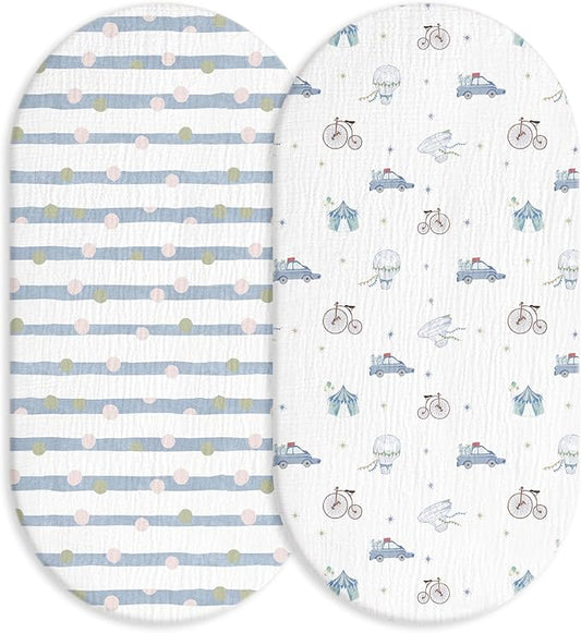 Muslin Bassinet Fitted Sheets, 2 Pack for Baby Boy and Girl, Soft Breathable Baby Pad/Mattress Sheet, Fit for Hourglass Oval and Rectangle Bassinet Mattress (Cute Cars)