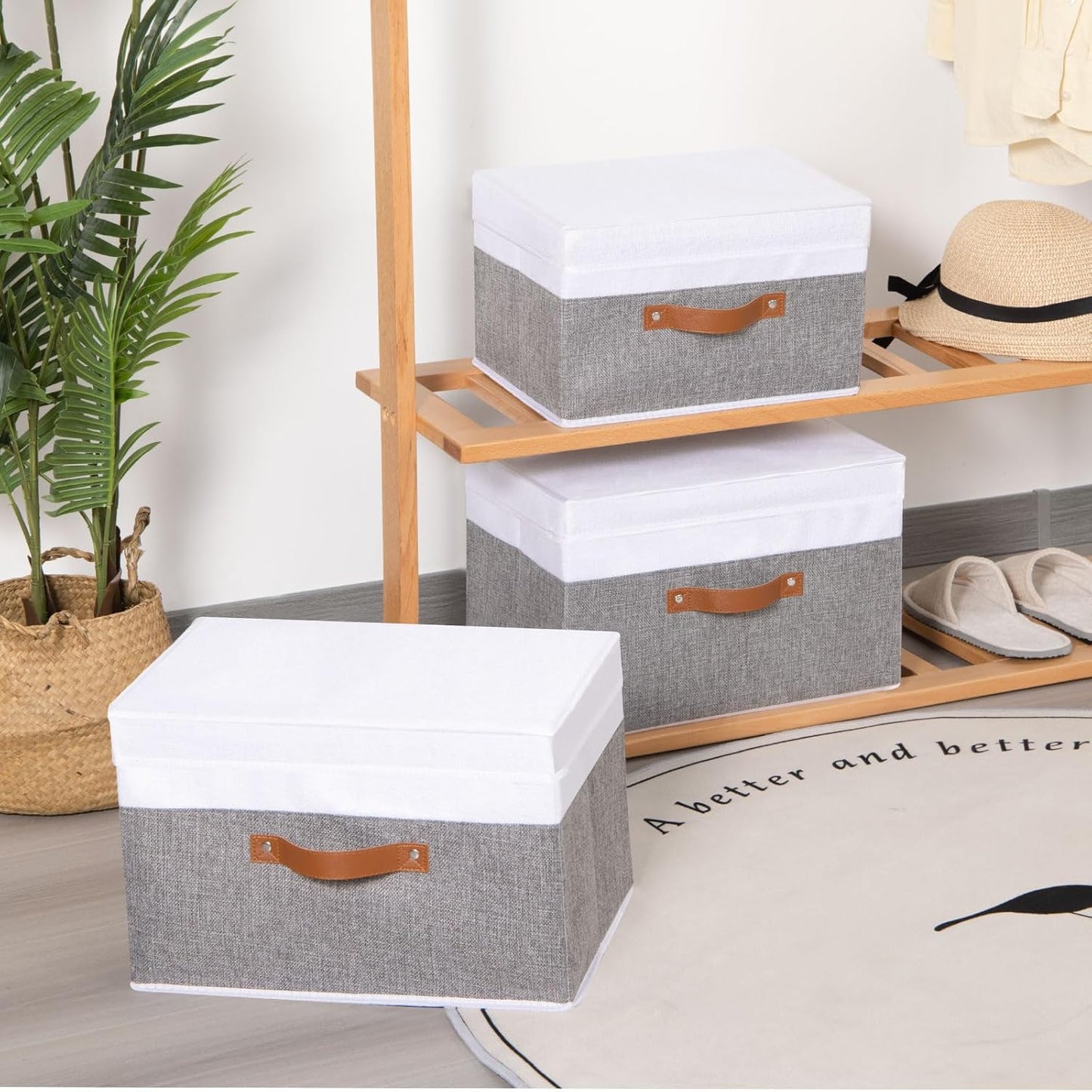 Fabric Storage Boxes with Lids, Linen Foldable Cloth Baskets, 17.7 x 11.8 x 11.8 Inch Closet Organizer Containers with Double Handles, Sweater Bins for Bedroom, White and Grey, 3 Pack
