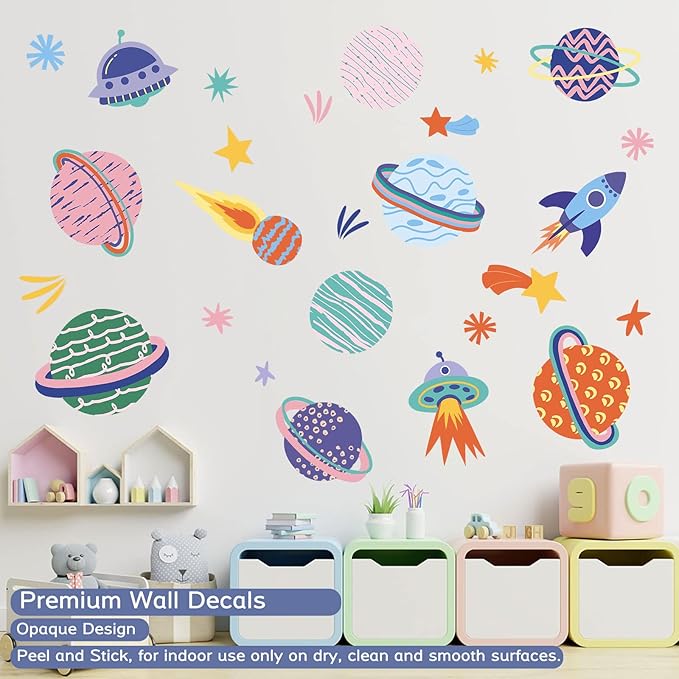 Large Space Wall Decal Stickers Rocket Spaceship Planets Wall Decals Planet Stars Wall Sticker Removable Vinyl Decals Solar System Galaxy Star Space Wall Decor for Nursery Kids Room Girls Boys Bedroom Wall Decor (Multicolor)