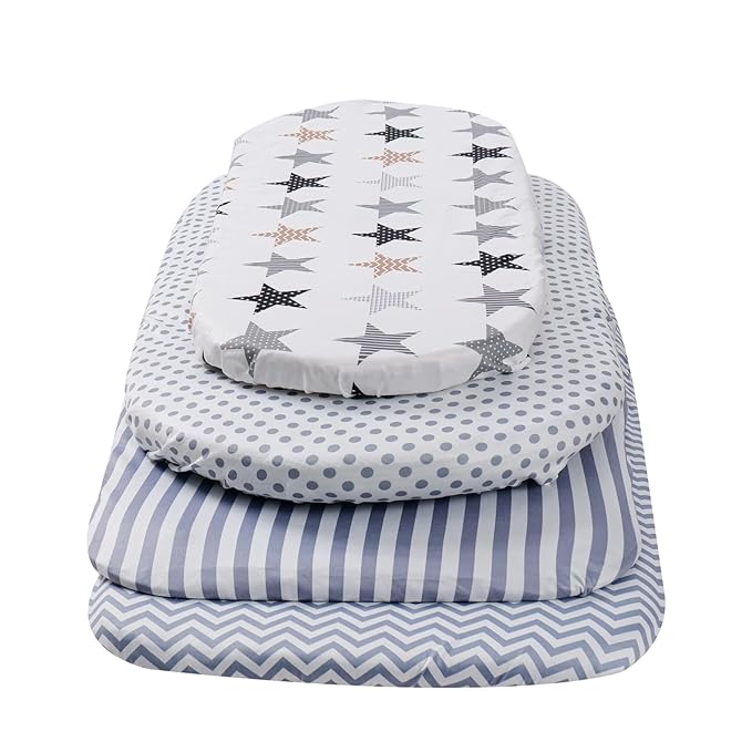 Onacosht Bassinet Sheets for Baby Boy and Girl, Stretchy Breathable Fitted Sheet Universal for Bassinet Cradle Hourglass Oval Rectangle Pad/Mattress, 4 Pack Stripes Dots Chevrons and Stars ﻿