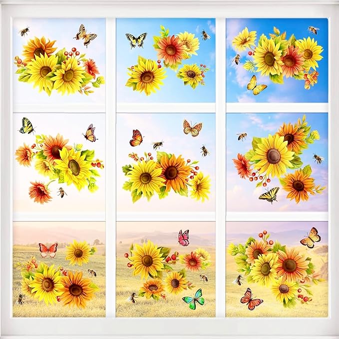 Sunflower Butterfly Window Clings Fall Window Decorations | Large-Size Clings for Glass Double-Sides Window Stickers for Glass Home Bedroom Nursery Room Windo Decals 44 Pcs in Total
