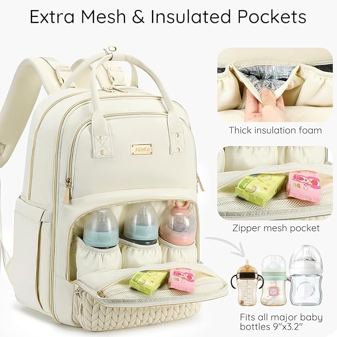 Diaper Bag Backpack - Large Multi functional, Boys, Girls & Baby Travel Essentials Tote with Changing Pad, Insulated Pockets, Stroller Straps, Waterproof - Baby Backpack for Mom & Maternity (Beige)