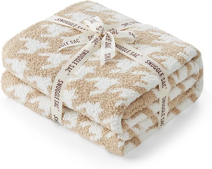 Snuggle Sac Throw Blanket for Couch, Reversible Super Soft Warm Blankets Cozy Knit Fuzzy Plush Lightweight Throws for Sofa, Bed, Camping,Houndstooth Beige,50x60 inches