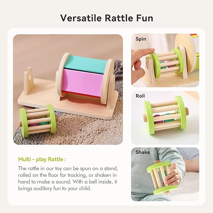 2-in-1 Montessori Baby Toys | Wooden Spinning Drum & Rolling Rattle Combo for 3 6 12 Months | Sensory Development Toys with Mirror, Bells & Tummy Time Play | ASTM Certified Gift (Girl/Boy)