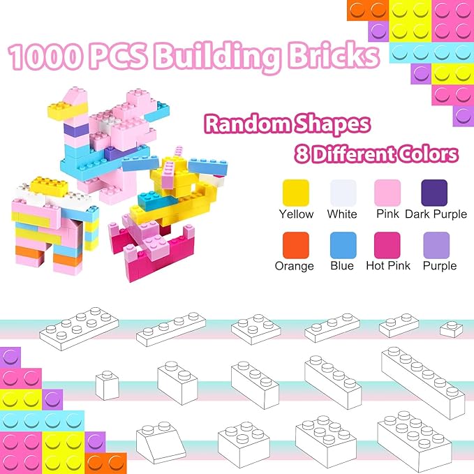 1000PCS Building Bricks, Bulk Classic Building Blocks Set for Girls Compatible with All Major Brands