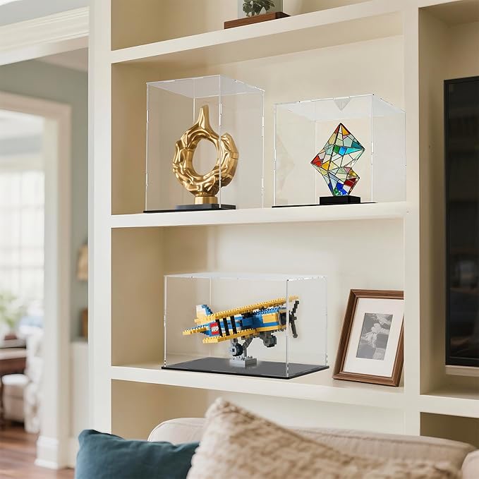 12 Inch Clear Acrylic Display Case, Cube Acrylic Box for Collectibles Showcase, Plexiglass Case with Matt Black Stand for Toys, Arts and Figures