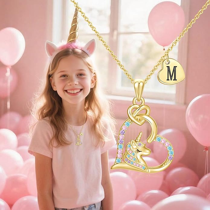 C-leen Unicorn Necklaces Gifts for Girls, 14K Gold Plated Colorful CZ Heart Initial Pendant Unicorn Necklaces for Girls Teens Jewelry Birthday Gifts