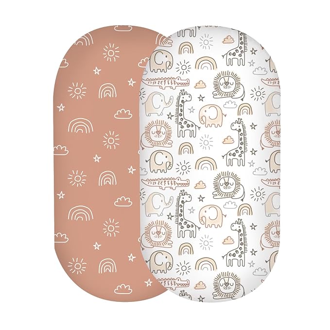 Yoofoss Bassinet Sheets Baby Girl Boy, Fitted Bassinet Sheet Set 2 Pack Universal Fit for Cradle Moses Basket Oval Rectangle Round Hourglass Mattress,Soft Breathable (Brown+Giraffe)