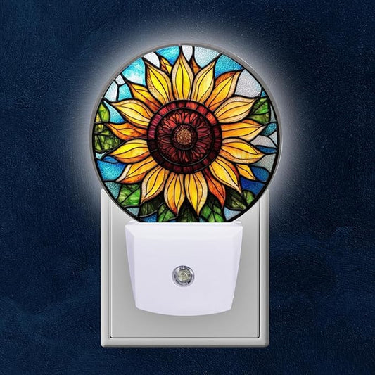 Round LED Night Lights Lamp with Dusk to Dawn Sensor, Yellow Sunflower in The Center Night Light Plug Into Wall for Kids Room, Bedroom, Bathroom, Kitchen, Hallway