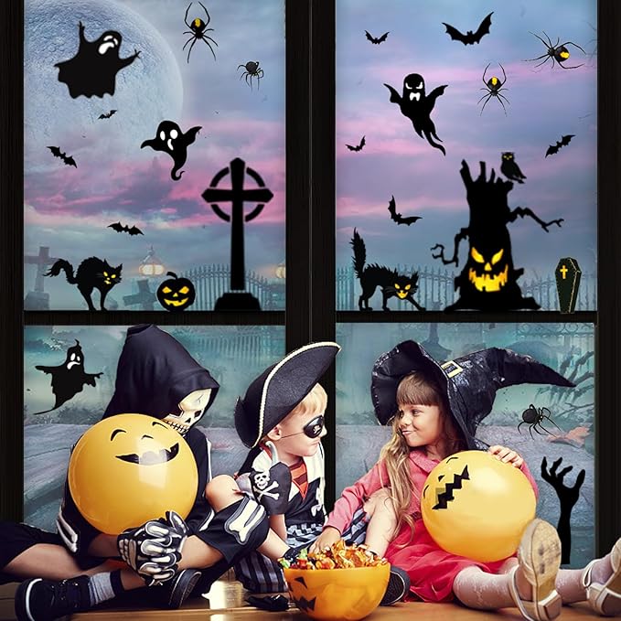 Halloween Window Clings Halloween Window Decals Double-Side Removable Stickers for Halloween Decorations with Ghost Bats Pumpkins Witch Tombstone Haunted House Halloween Window Stickers