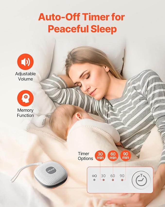 VEVOR Sound Machine, 21 Soothing Sleep Sounds, 3-in-1 Portable and Hangable White Noise Sound Machine with Auto-Off Timer, Soft Ring Light and Memory Function, for Baby, Adults, Home, Office & Travel