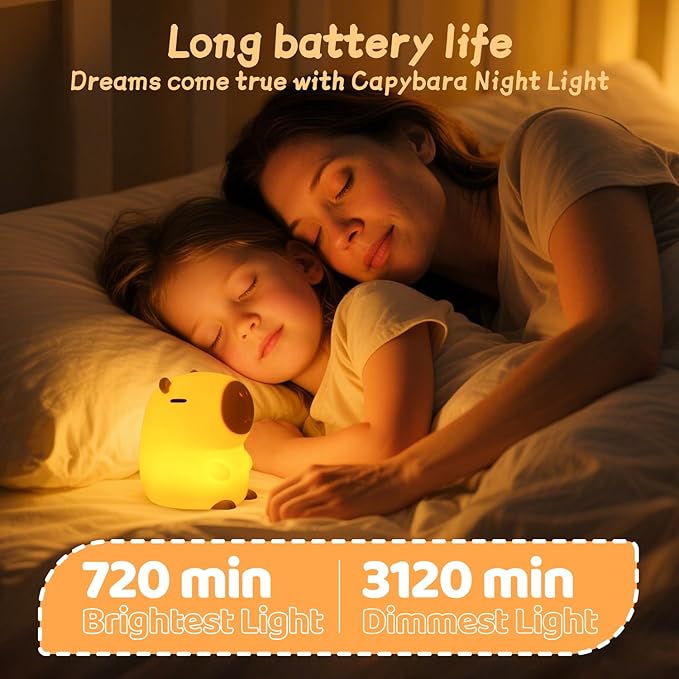 Capybara Night Light for Kids, Squishy Lamp, 1200mAh Long-Lasting Battery, Rechargeable Touch Control, Dimmable with 30-Min Timer, Capybara Gifts for Nursery Halloween Bedroom Decor