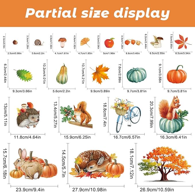 9 Sheets Fall Window Clings Cartoon Rabbit Hedgehog Squirrel Animals Pumpkin Leaves Design Autumn Windows Clings for Glass Thanksgiving Windows Stickers Decor for Home Office Bedroom