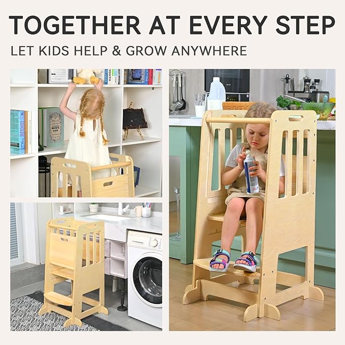 WINGYZ Toddler Kitchen Stool – Adjustable Helper Tower for Kids with Safety Rail, Wooden Standing Step-Up Stool, Sliding Door & Stable Base, Natural Wood