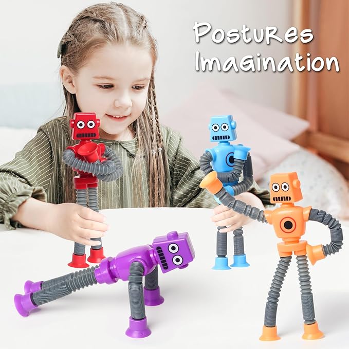 4 Pcs Telescopic Suction Cup Robot Fidget Toy, Coolest Pop Tubes Sensory Toys for Toddlers, Educational Toys Robot Party Favors for Anxiety Kids for 3-9 Year Old Boys Girls