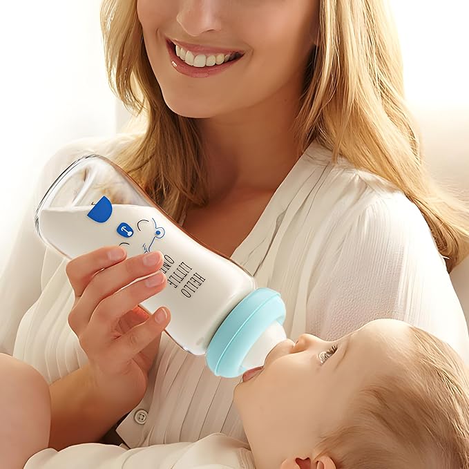 YOHKOH Natural Glass Baby Bottle with Natural Response Nipple, Newborn Anti-Colic Baby Bottles, Wide Neck Mushroom Cap Baby Bottle, Clear (8.8ounce (Pack of 4), Blue1)