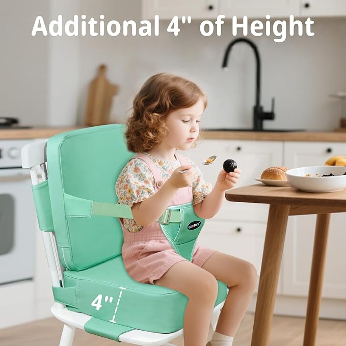Toddler Booster Seat for Kitchen Chair, 2-in-1 Dining Table Booster Seat with Backrest & Adjustable Straps – Easy-Clean, PU Portable Toddler Eating Travel Increasing Cushion-Green