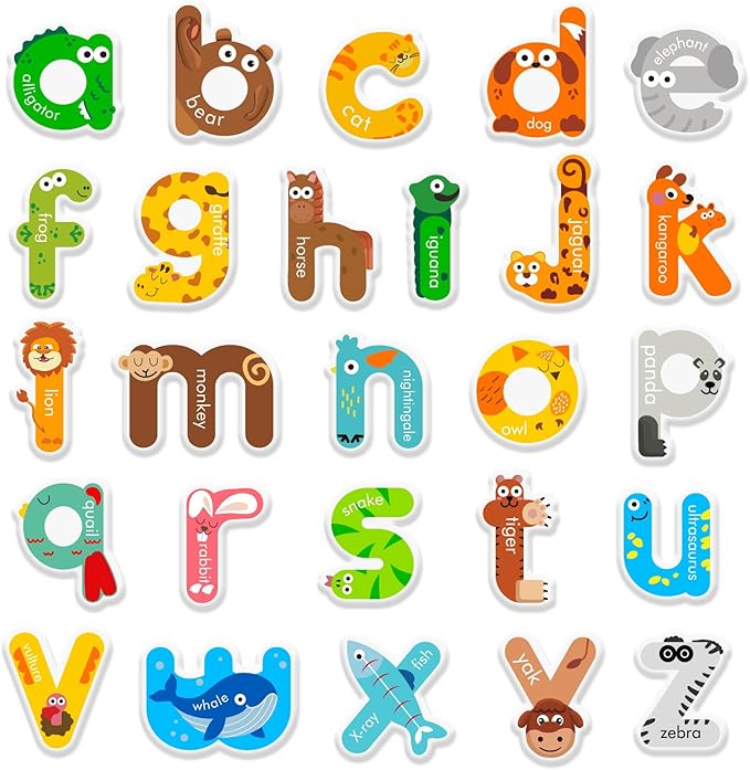 Whaline 52Pcs Alphabet Letters Thick Gel Clings Cute Animal Lowercase Letters Window Gel Decals for Educational Spelling Learning Home Classroom Nursery Decor, 2 Sheets