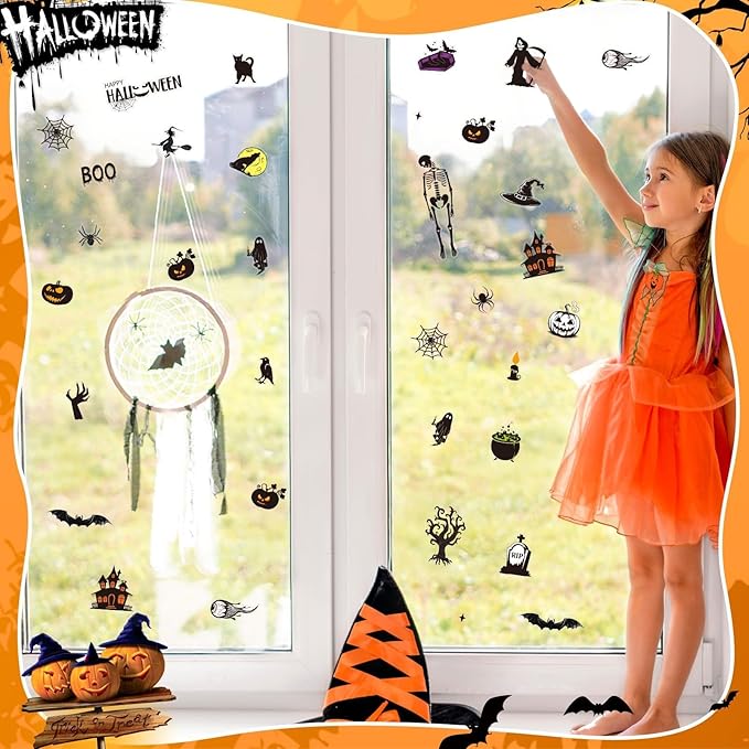 MARFOREVER 50 PCS Window Gel Clings Stickers Removable Reusable Thick Gel Clings Decals Stickers for Classroom Nursery Home Party Supplies Glass Decorations (Spooky Halloween)