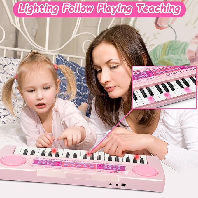 Kids Piano Keyboard Toys, 37 Keys Music Keyboard Piano for Kids with Microphone, Learning Educational Toddler Keyboard Toys for Kids Ages 3-8 (Pink)
