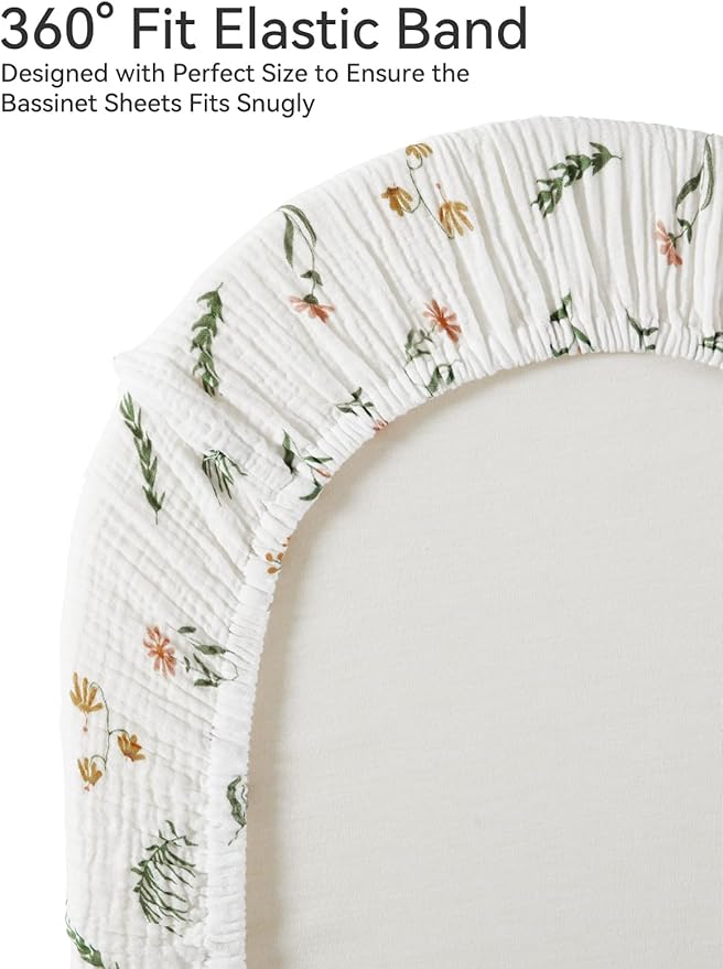 TILLYOU Muslin Bassinet Sheets for Baby Boys Girls 3 Pack, Soft Breathable Elastic Cotton Bassinet Mattress Sheets, Fit Hourglass Oval Rectangle Cradle Mattress, 33"X17",Daisy