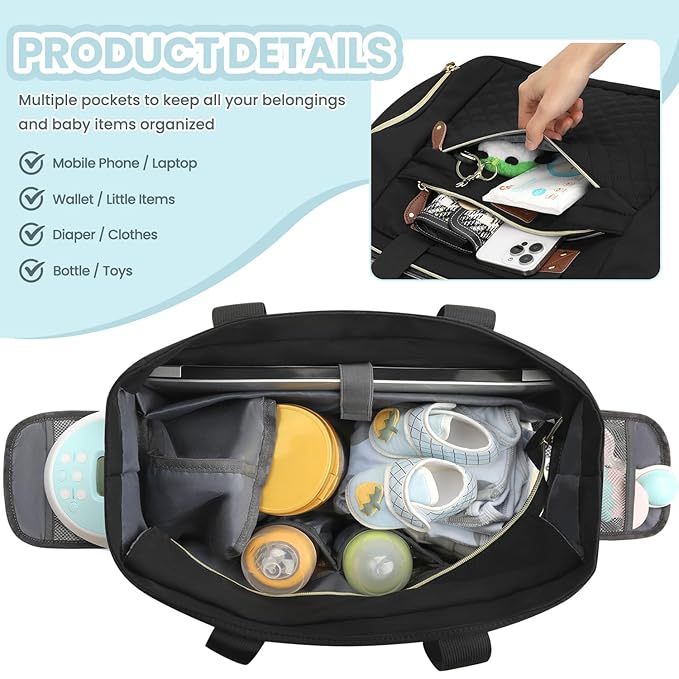 Diaper Bag Tote for Working Mom, Large Travel Diaper Tote for Mom and Dad with 14 Inch Laptop Sleeve, Mommy Maternity Travel Baby Bag for Boys and Girls, Black