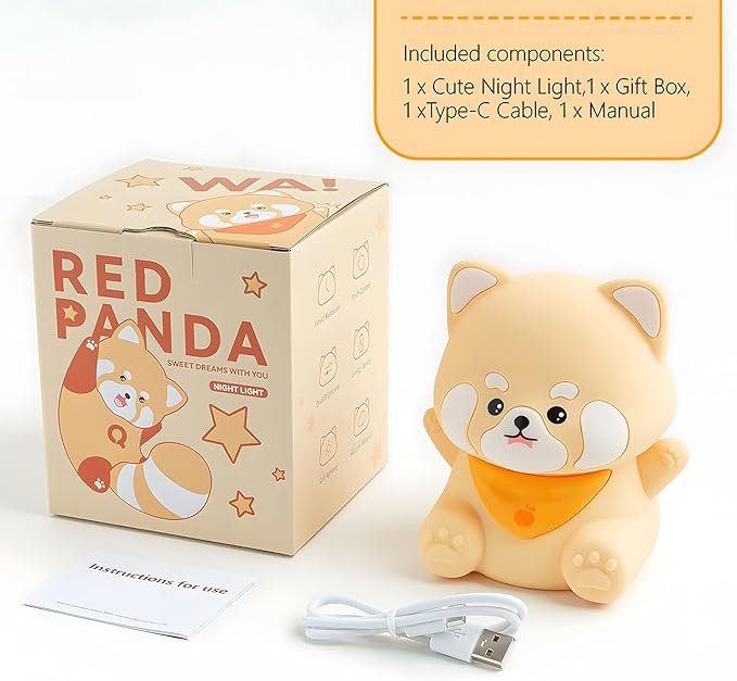 Cute Red Panda Lamp, LED Squishy Animal Night Light for Kids Sleep, Breastfeeding Nursery Nightlight for Room Decor, Rechargeable Bedside Touch Silicone Lamp, Unique Dorm Decor Gift Toy