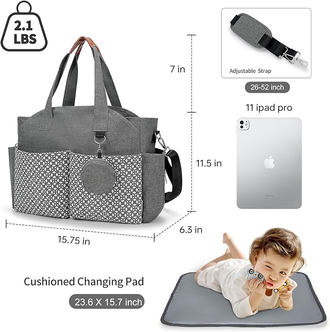 Diaper Bag Tote, Large Capacity Travel Diaper Baby Bags Crossbody Hospital Mom Bag，with Silicone Pacifier Case