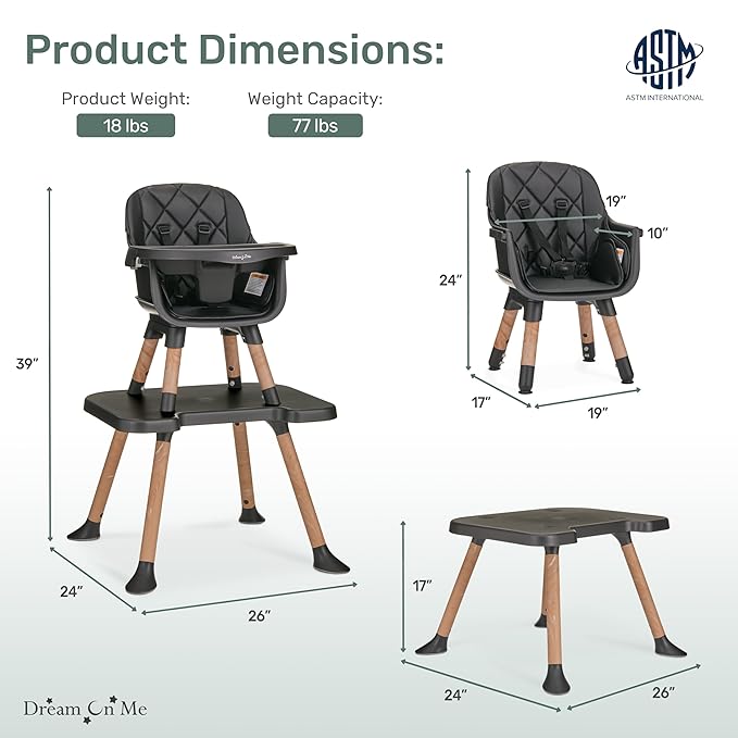 Dream On Me Luna 4-in-1 Convertible Baby High Chair in Black, Transforms into Booster, Toddler Seat & Table Set, Adjustable and Removable Tray Portable High Chair