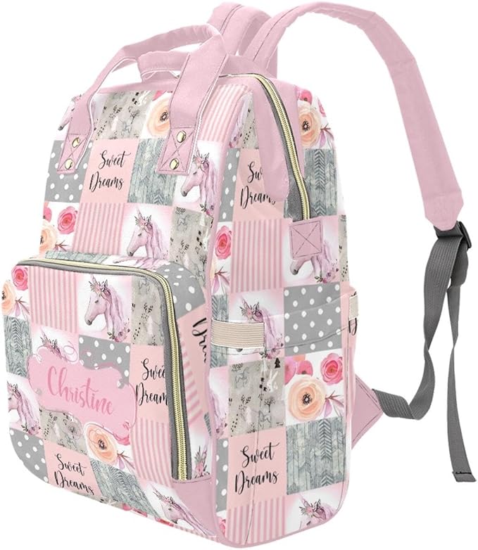 Horse Pink Personalized Diaper Bag with Custom Name – Custom Baby Tote Backpack for Mom, Unique Gift for New Parents, Baby Shower Essentials