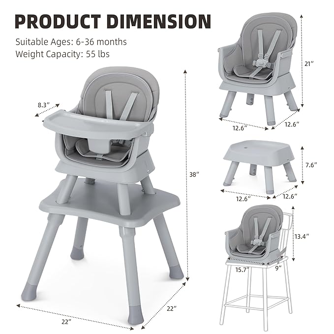 8 in 1 Baby Highchair, Convertible High Chair for Babies and Toddlers, Booster Seat w/5-Point Safety Belt, Toddler Building Block Table, Dishwasher Safe Tray, No Tool Install, Gray