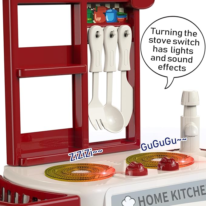 Kitchen Set for Toddler with Sound and Light，Pretend Cooking Food Set,Kids Kitchen Playset，Play Sink with Running Water and Electronic Induction Stove，Kitchen Accessories (red Kitchen Set)