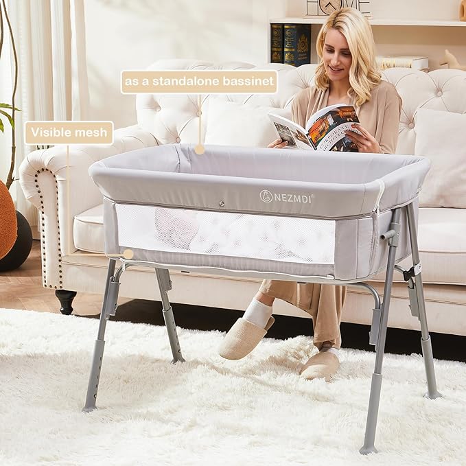 Baby Bassinet Bedside Sleeper Crib with Mattress 5-Level Adjustable Height, Breathable Mesh & Mosquito Net, Portable Folding Travel Cradle with Auto-Lock Wheels Light Grey