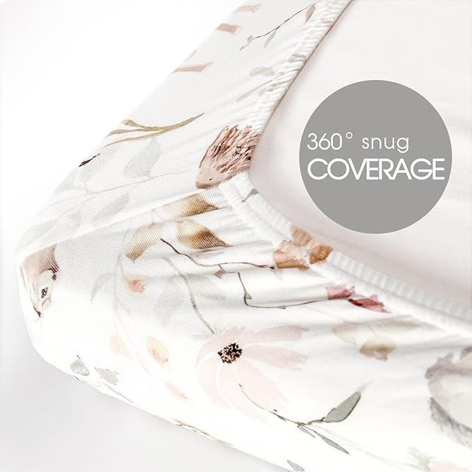 Stretchy Ultra Soft Jersey Knit Fitted Pack n Play Sheets 3 Pack, Portable/Mini Crib Sheets for Girls, Universal Fit for Pack N Plays Safe and Snug, Beautiful Blush Pink Floral and Cute Animals Print